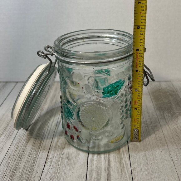 Vintage Canister Jar Storage Glass Fruit Embossed Wire Bale Lid - Set Of 3 - Picture 9 of 10